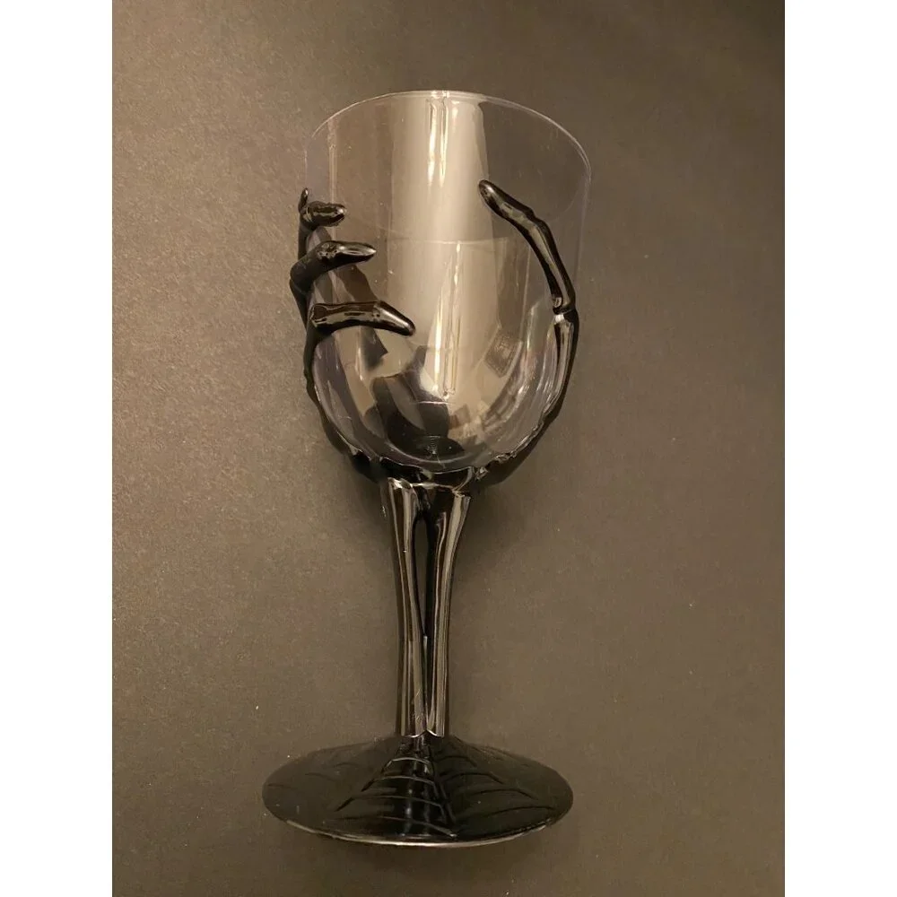 Set of 2 Metallic Silver look 3D Skeleton Hand Goblet & Cup w/ Spider Web Base